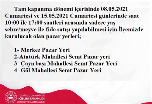 Tam Kapanma Döneminde İlçemizde Yaş Sebze/Meyve İle Fide Satışlarının Yapılabileceği Pazar Yerleri